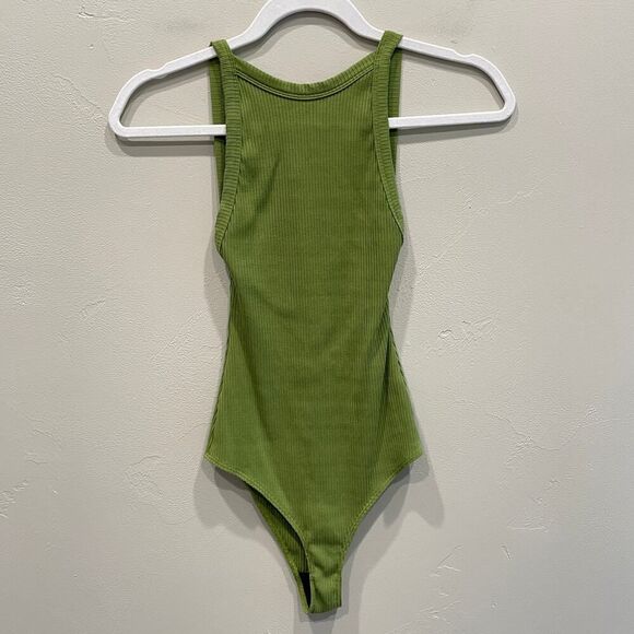 Reformation High Neck Ribbed Sleeveless Bodysuit Green - Size: XS - Picture 1 of 7